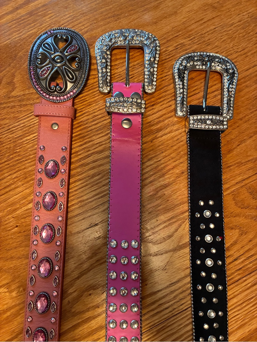Leather Beaded & Bedazzled Fashion Belts Pink & Black (set of 3)